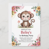 Schattige Roze Kinder Aap 1e Verjaardagsfeest Kaart (Voorkant)