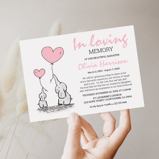 Schattige Roze Kinder- In Loving Memory-Rouwdienst Kaart