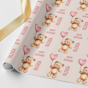 Schattige Roze Kinderen Naam Waterverf Beer Gelukk Cadeaupapier