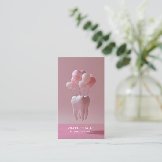 Schattige roze kinderfamilie tandarts visitekaartje (Staand voorkant)