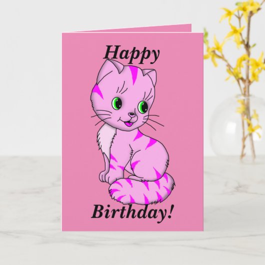 Schattige roze kitten kaart (Gele Bloem)