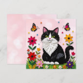 Schattige Roze Kitty Kat in Bloemen Kaart (Voorkant / Achterkant)