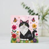 Schattige Roze Kitty Kat in Bloemen Kaart (Staand voorkant)