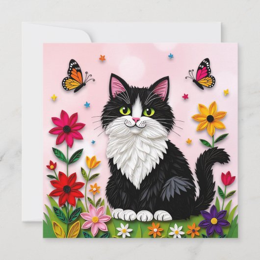 Schattige Roze Kitty Kat in Bloemen Kaart (Voorkant)