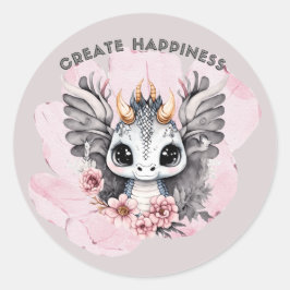 Schattige roze kleine draak "Creëer Happiness" Ronde Sticker