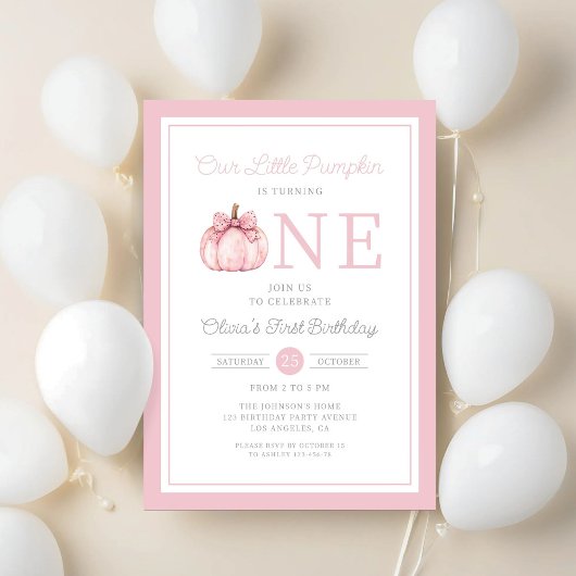 Schattige roze kleine pompoen 1e verjaardag kaart