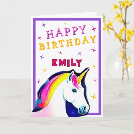 Schattige Roze Kleurrijke Eenhoorn Meisje Happy Bi Kaart (Gele Bloem)