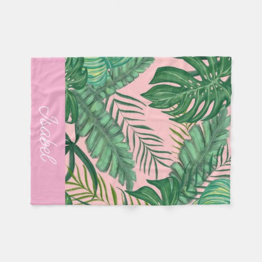 Schattige Roze Kleurrijke Tropische Palmbladeren N Fleece Deken (Voorkant (Horizontaal))