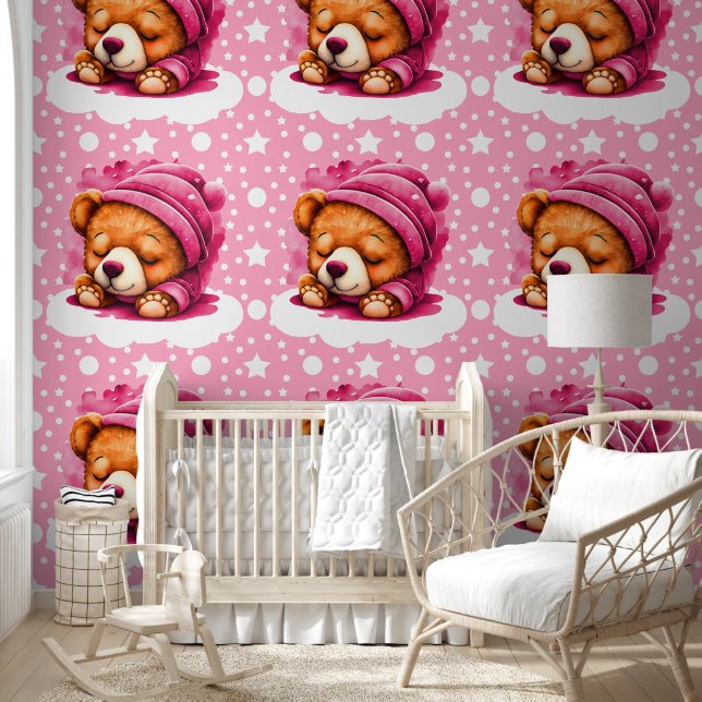 Schattige roze knuffelpatroon Beer Behang (Kinderen)