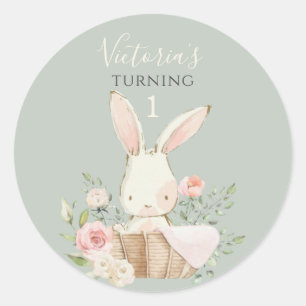 Schattige Roze Konijn 1 Eén Verjaardag Groen Ronde Sticker