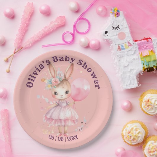 Schattige Roze Konijn Baby shower Papieren Bordje (Feest)