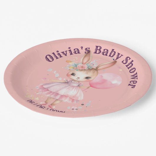 Schattige Roze Konijn Baby shower Papieren Bordje (Gekanteld)