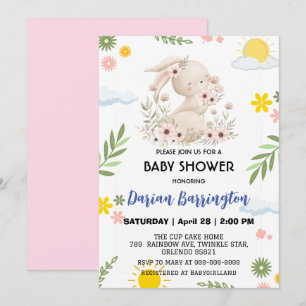 Schattige roze konijn bloem zon baby meisje douche kaart