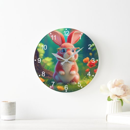 Schattige roze konijn op groen gras-47567 grote klok (Huis)