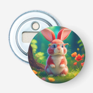 Schattige roze konijn op groen gras button flesopener