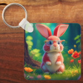 Schattige roze konijn op groen gras sleutelhanger (Voorkant)