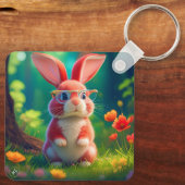 Schattige roze konijn op groen gras sleutelhanger (Achterkant)