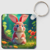 Schattige roze konijn op groen gras sleutelhanger (Achterkant)