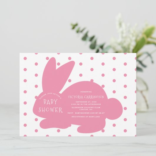 Schattige roze konijn Polkadots Baby shower Kaart (Staand voorkant)
