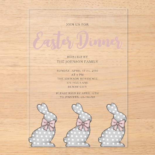 Schattige roze konijnenpaasdiner acryl uitnodigingen (Voorkant)