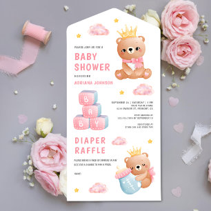 Schattige Roze Koningin Teddybeer Meisje Baby Show All In One Uitnodiging