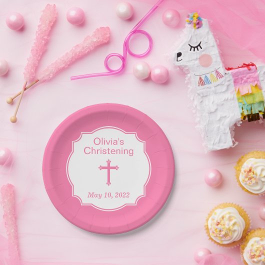 Schattige Roze Kruis Meisje Doop Doop Papieren Bordje (Feest)