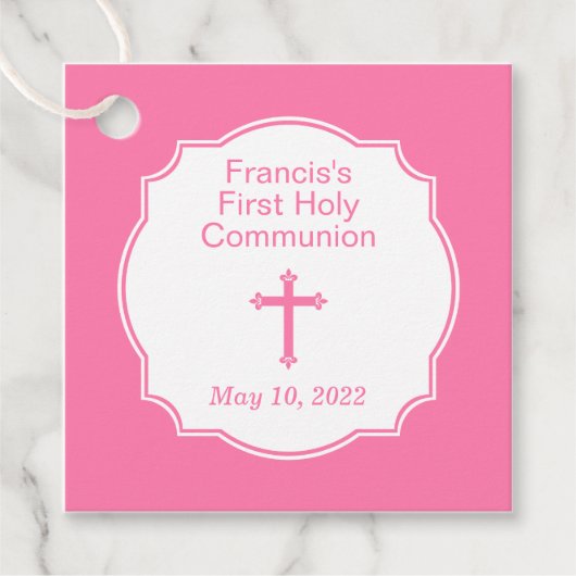 Schattige Roze Kruis Meisje's Eerste Heilige Commu Bedankjes Labels (Voorkant)