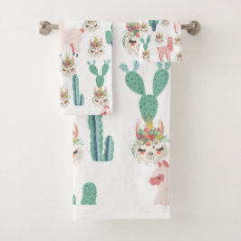 Schattige Roze Lama's en Groene Cactus Bad Handdoek