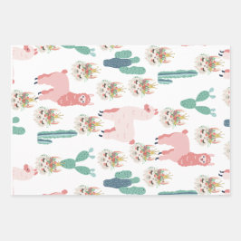 Schattige Roze Lama's en Groene Cactus Inpakpapier Vel