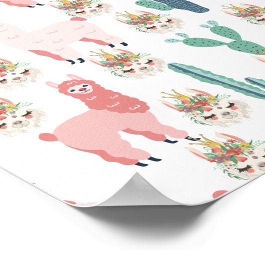 Schattige Roze Lama's en Groene Cactus Poster (Hoek)