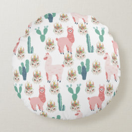 Schattige Roze Lama's en Groene Cactus Rond Kussen