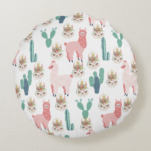 Schattige Roze Lama's en Groene Cactus Rond Kussen (Achterkant)