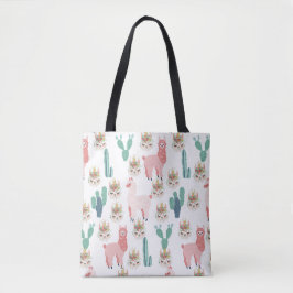 Schattige Roze Lama's en Groene Cactus Tote Bag