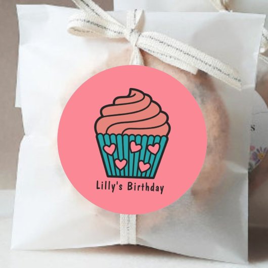 Schattige roze lief cupcake thema verjaardagsfeest ronde sticker
