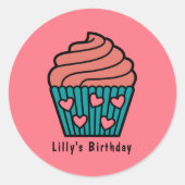 Schattige roze lief cupcake thema verjaardagsfeest ronde sticker (Voorkant)