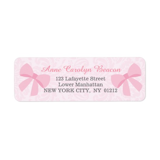 Schattige Roze Lint Bow Damask Gepersonaliseerd Etiket (Voorkant)