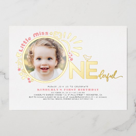 Schattige Roze Little Miss Onederful 1e Verjaardag Folie Uitnodiging (Voorkant)