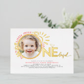 Schattige Roze Little Miss Onederful 1e Verjaardag Folie Uitnodiging (Staand Voorkant)