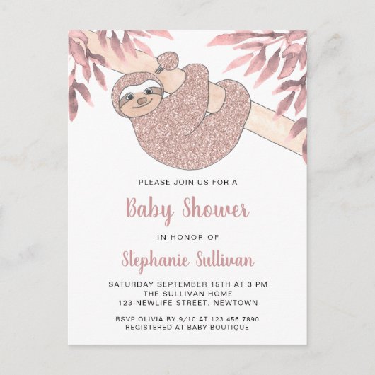 Schattige roze luiaard Baby shower Uitnodiging Briefkaart (Voorkant)