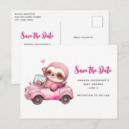 Schattige Roze luiaard Rijden een auto Save the Da Uitnodiging Briefkaart