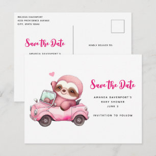 Schattige Roze luiaard Rijden een auto Save the Da Uitnodiging Briefkaart
