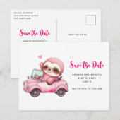 Schattige Roze luiaard Rijden een auto Save the Da Uitnodiging Briefkaart (Voorkant / Achterkant)