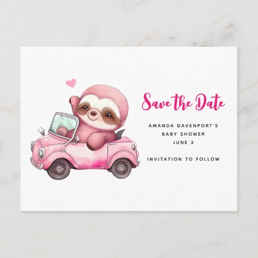 Schattige Roze luiaard Rijden een auto Save the Da Uitnodiging Briefkaart (Voorkant)