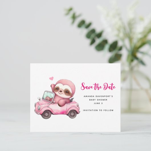 Schattige Roze luiaard Rijden een auto Save the Da Uitnodiging Briefkaart (Staand voorkant)