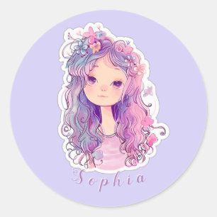 Schattige roze meisje 3, gepersonaliseerd ronde sticker