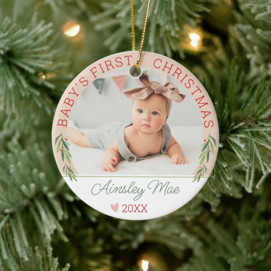 Schattige Roze Meisje Baby's Eerste Kerstfoto Naam Keramisch Ornament (Boom)