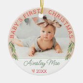 Schattige Roze Meisje Baby's Eerste Kerstfoto Naam Keramisch Ornament (Voorkant)
