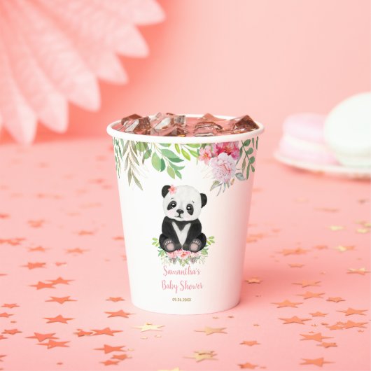 Schattige Roze Meisje Bloemen Panda Beer Baby show Papieren Bekers (Insitu)