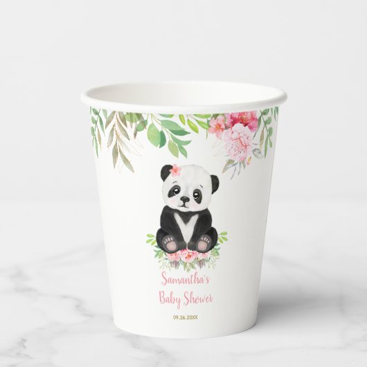 Schattige Roze Meisje Bloemen Panda Beer Baby show Papieren Bekers (Achterkant)