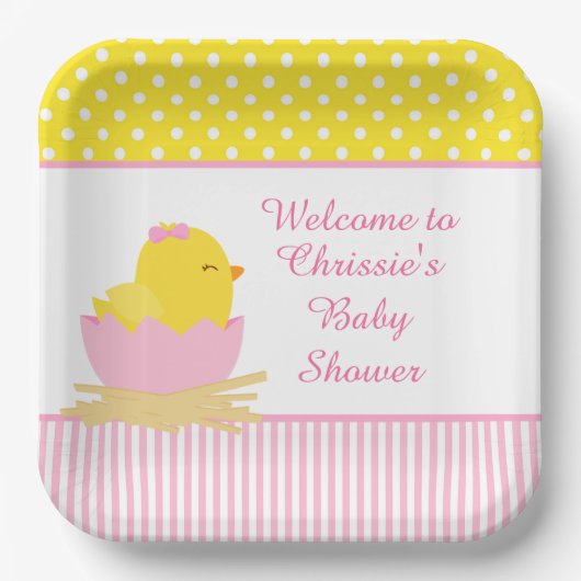 Schattige Roze Meisje Chick Baby shower Party Papieren Bordje (Voorkant)